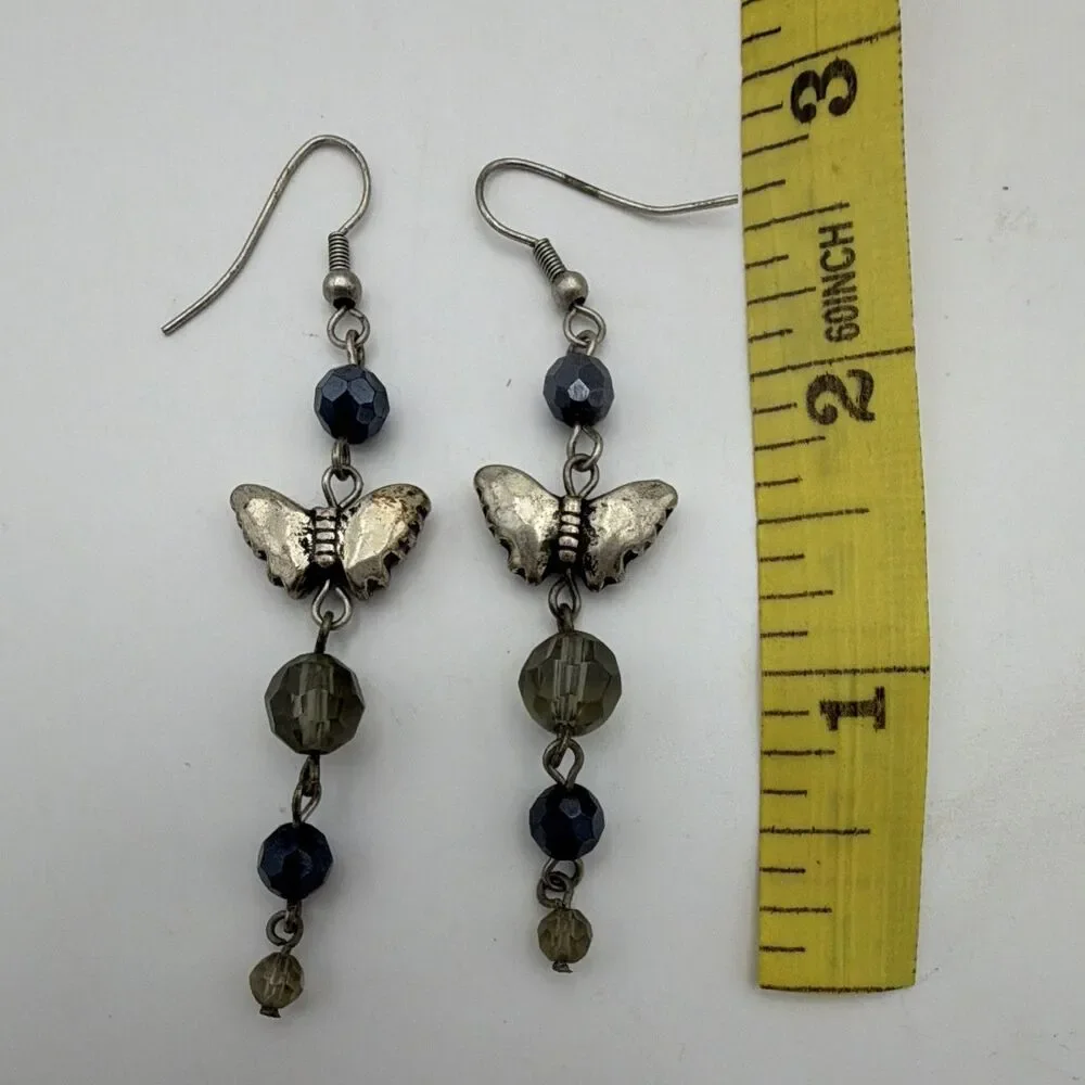 Silver Tone Butterfly Charm Blue Round Glass Bead Dangle Drop Earrings Hook 3”